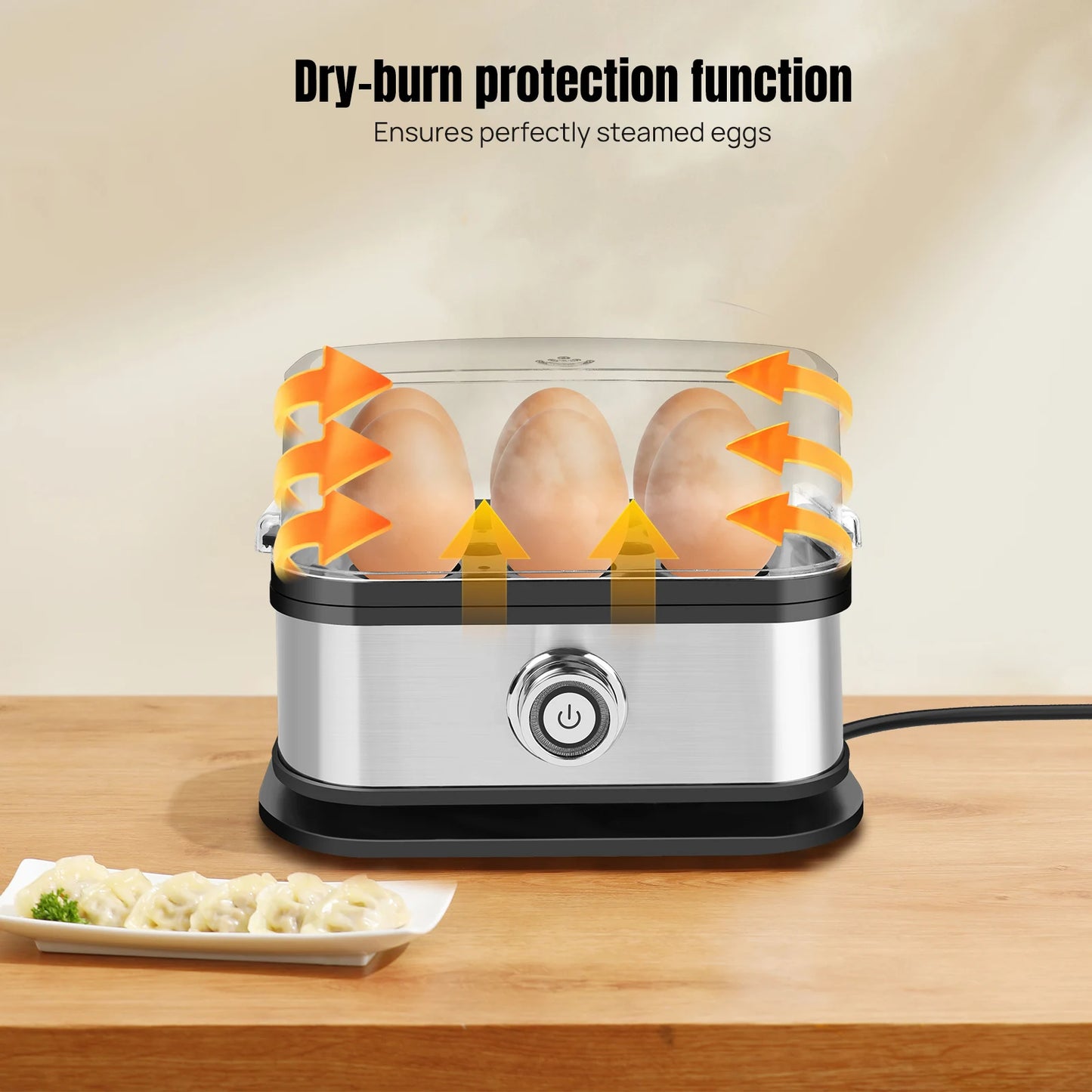 Egg Cooker Boiler, 350W Quick Boiling Electric Egg Poacher, Removable Tray, 6 Capacity Kitchen Stainless Steel Steamer