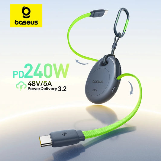 Baseus 240W One-Press Return Retractable Cable USB-C Type-C Fast Charging  Data Cable for iPhone MacBook with Carabiner Clip