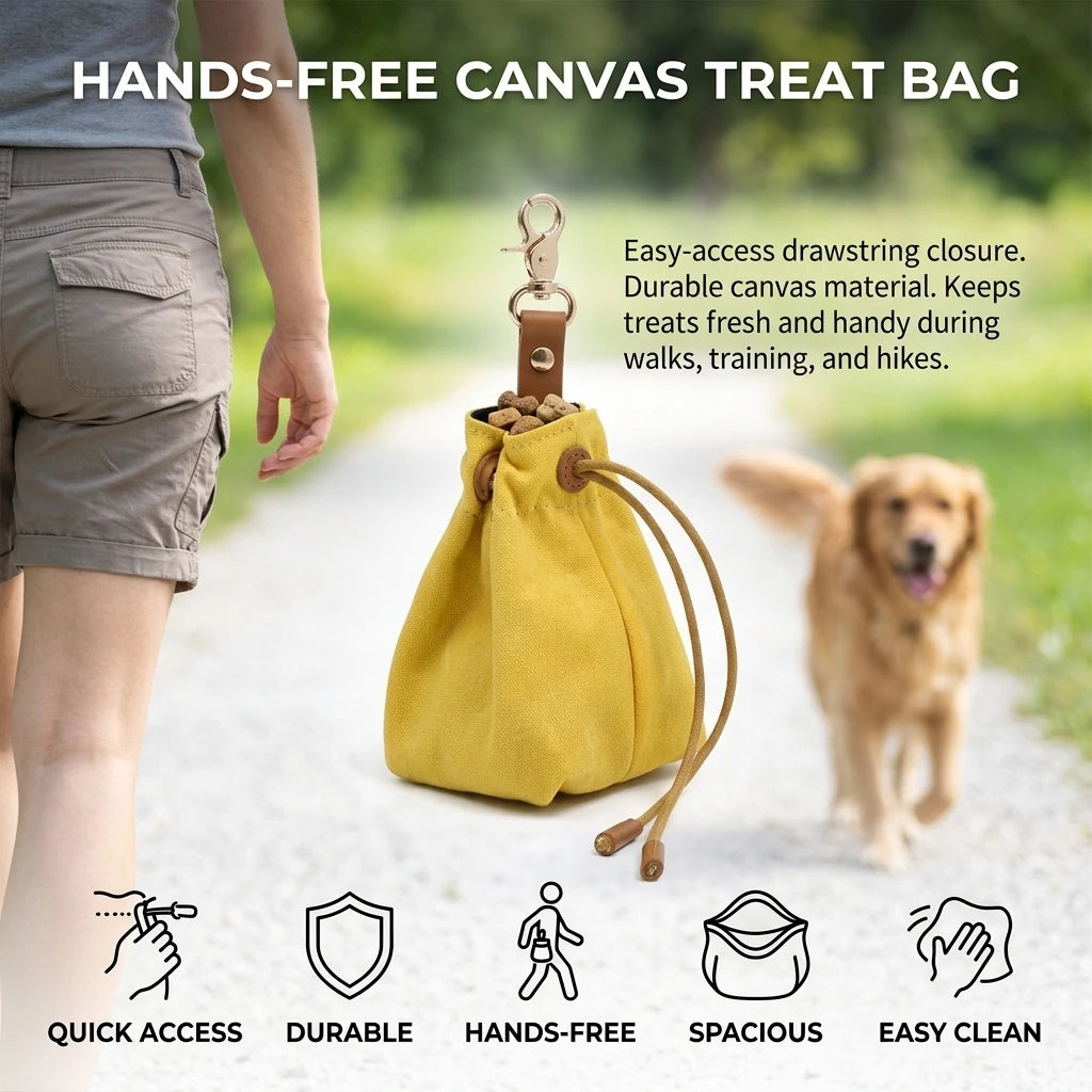 Canvas Pet Snack Bag With Drawstring Waist Hanging Design For Outdoor Dog Walking