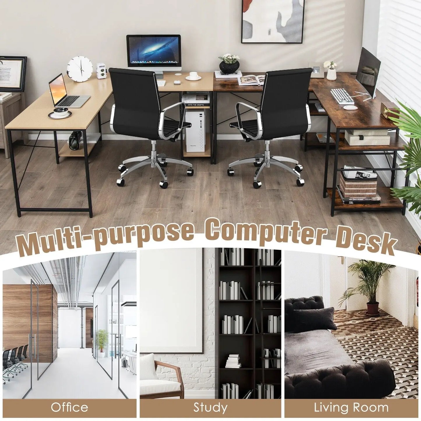 GOFLAME L-Shaped Corner Computer Desk Study Writing Desk Workstation with Storage Shelf