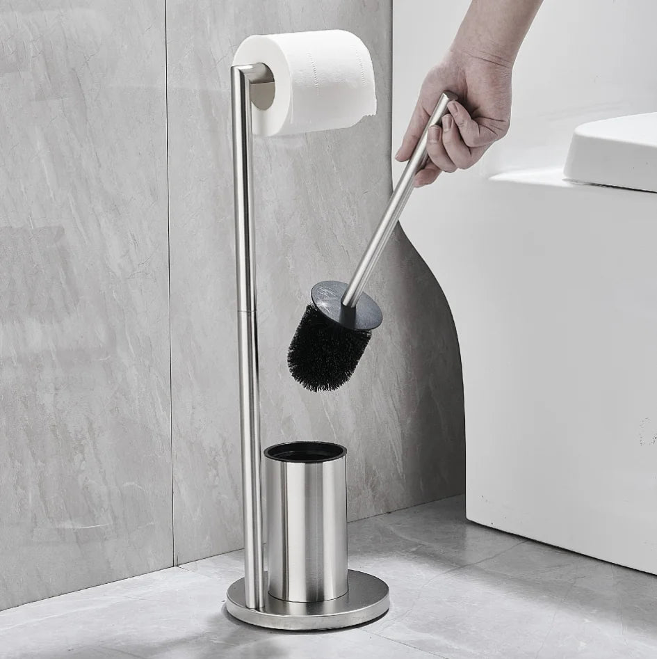 Floor-to-Ceiling Toilet Brush Holder with Toilet Paper Holder Stainless Steel Standing Paper Towel Holder