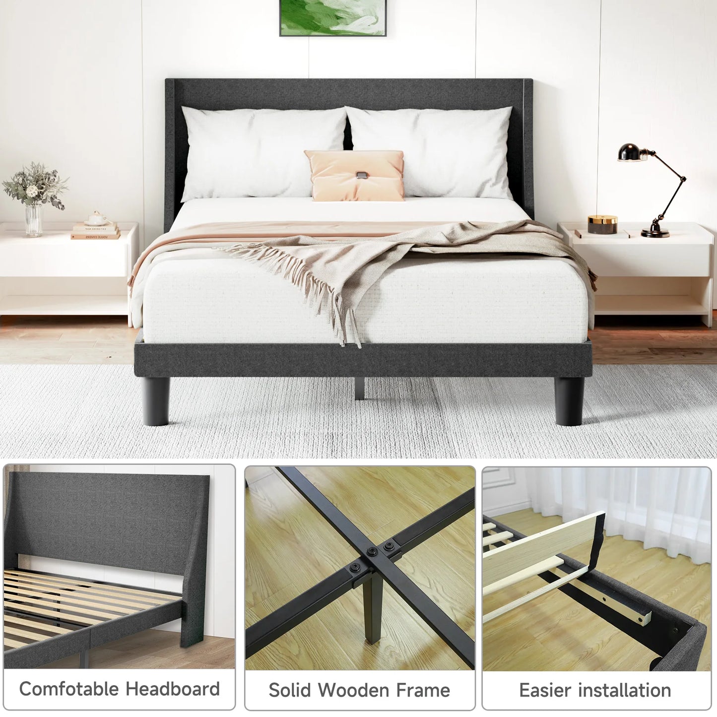 HAUSPROFI Double Bed Frame 135cm, Upholstered Bed with Winged Headboard, Wooden Slats Support, Easy Assembly, Modern Bed