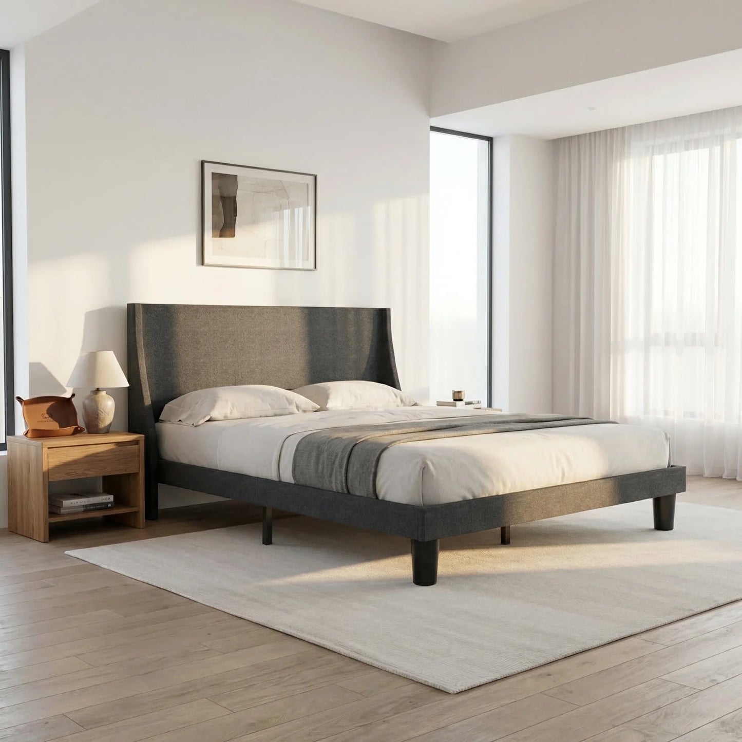 HAUSPROFI Double Bed Frame 135cm, Upholstered Bed with Winged Headboard, Wooden Slats Support, Easy Assembly, Modern Bed