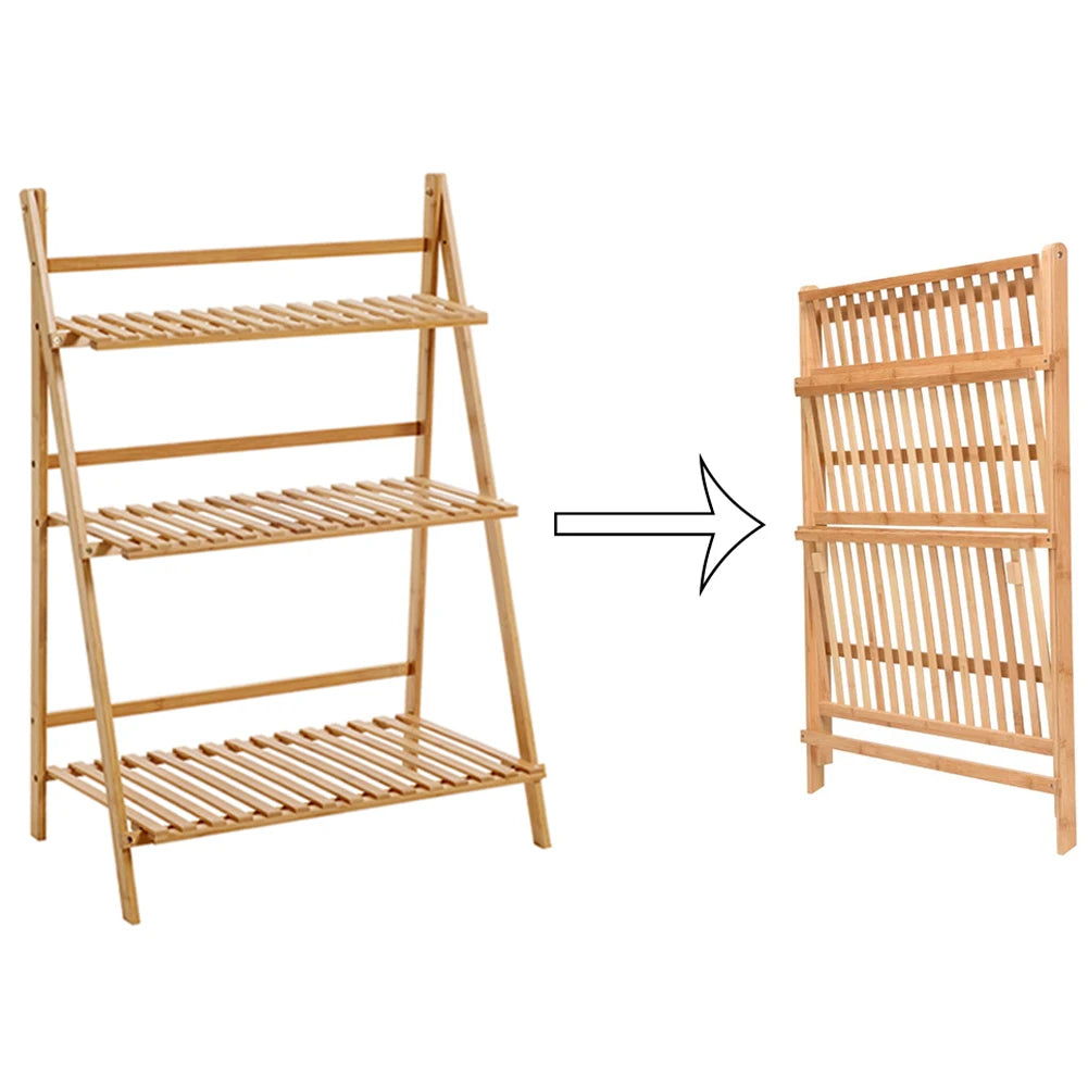Foldable 3-layer flower pot rack balcony garden plant display wooden ladder rack indoor and outdoor