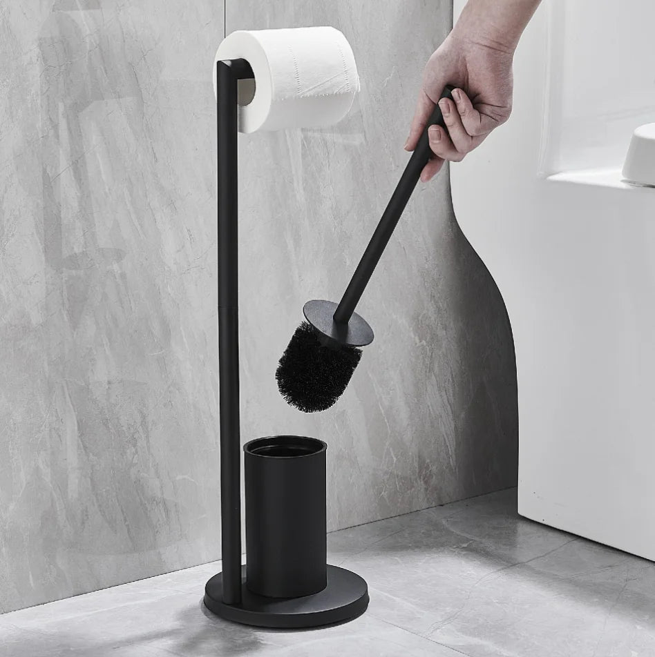 Floor-to-Ceiling Toilet Brush Holder with Toilet Paper Holder Stainless Steel Standing Paper Towel Holder