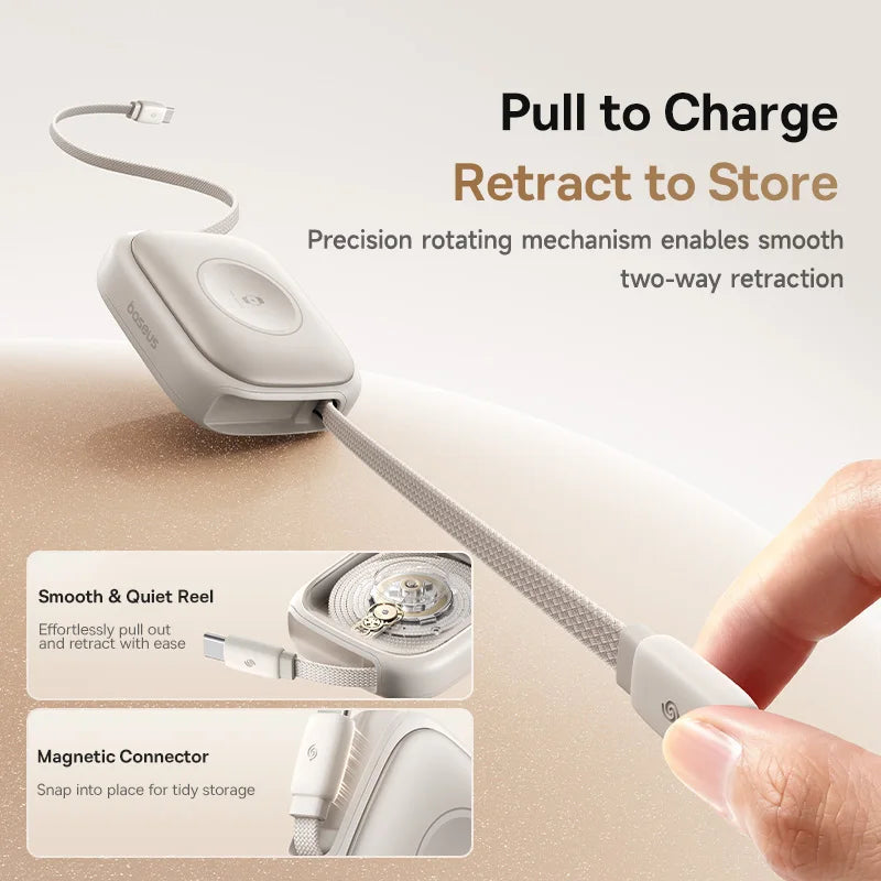 Baseus 100W Retractable PD QC Fast Charging Cable Built-in E-Watch Wireless Charging USB-C Type-C Data Cable For iPhone MacBook