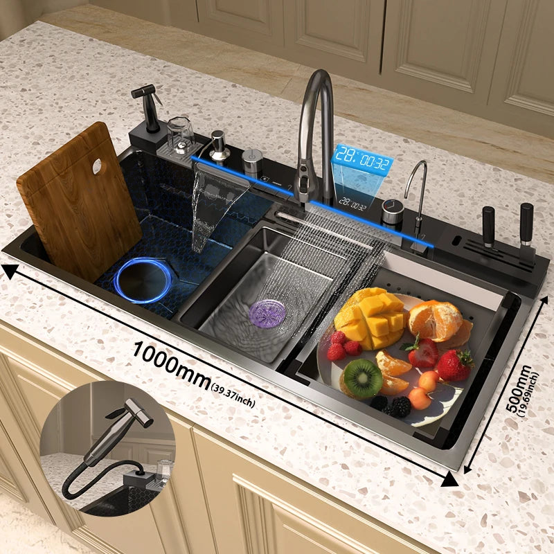 Golden Stainless Steel Kitchen Sink Waterfall Outlet Large Single Sink Digital Display Dishwashing and Vegetable Sinks