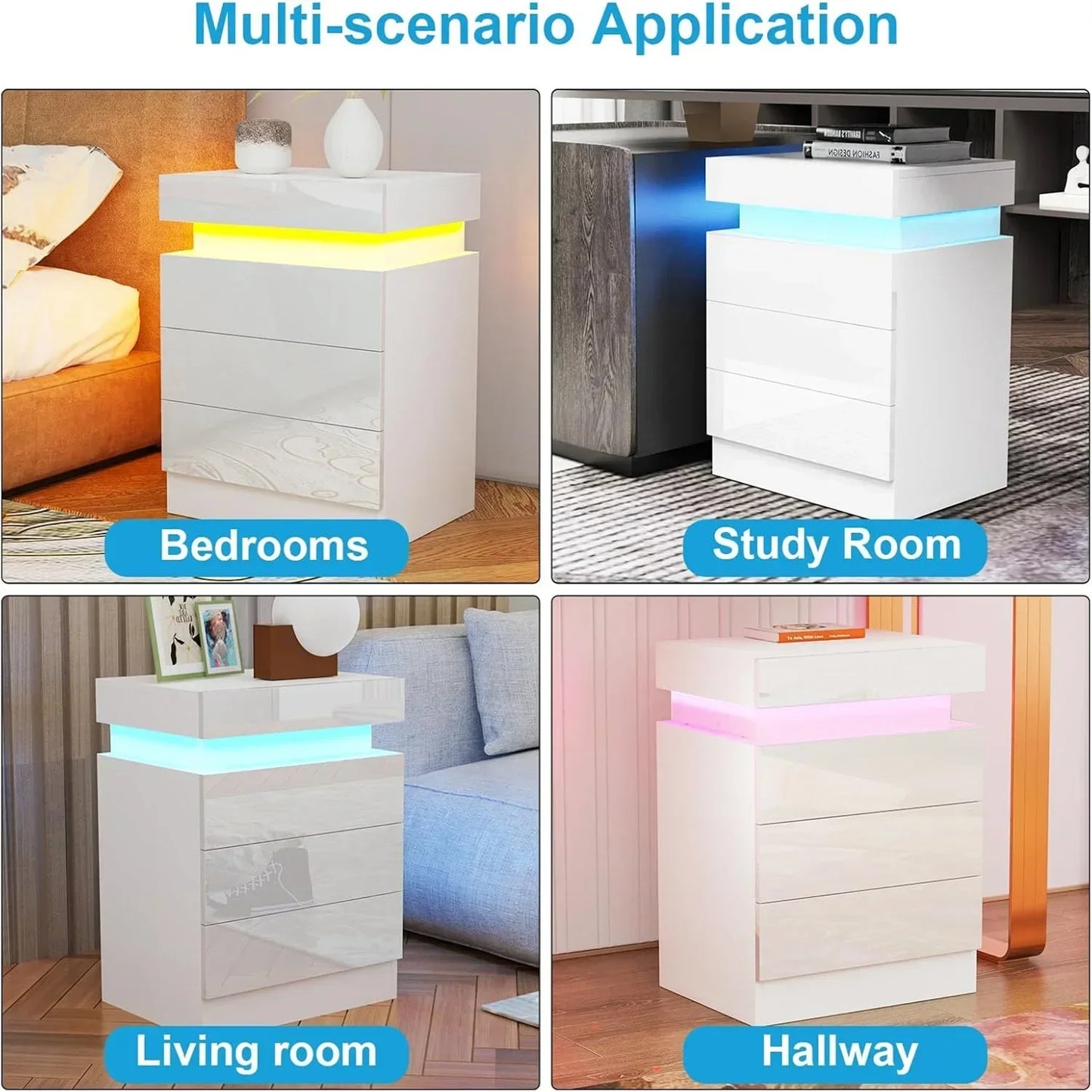 3 Drawers Wooden Nightstand Light Charging Station Bluetooth Light Power Bedroom Bedside Living Room UK Plug Bedroom Furniture