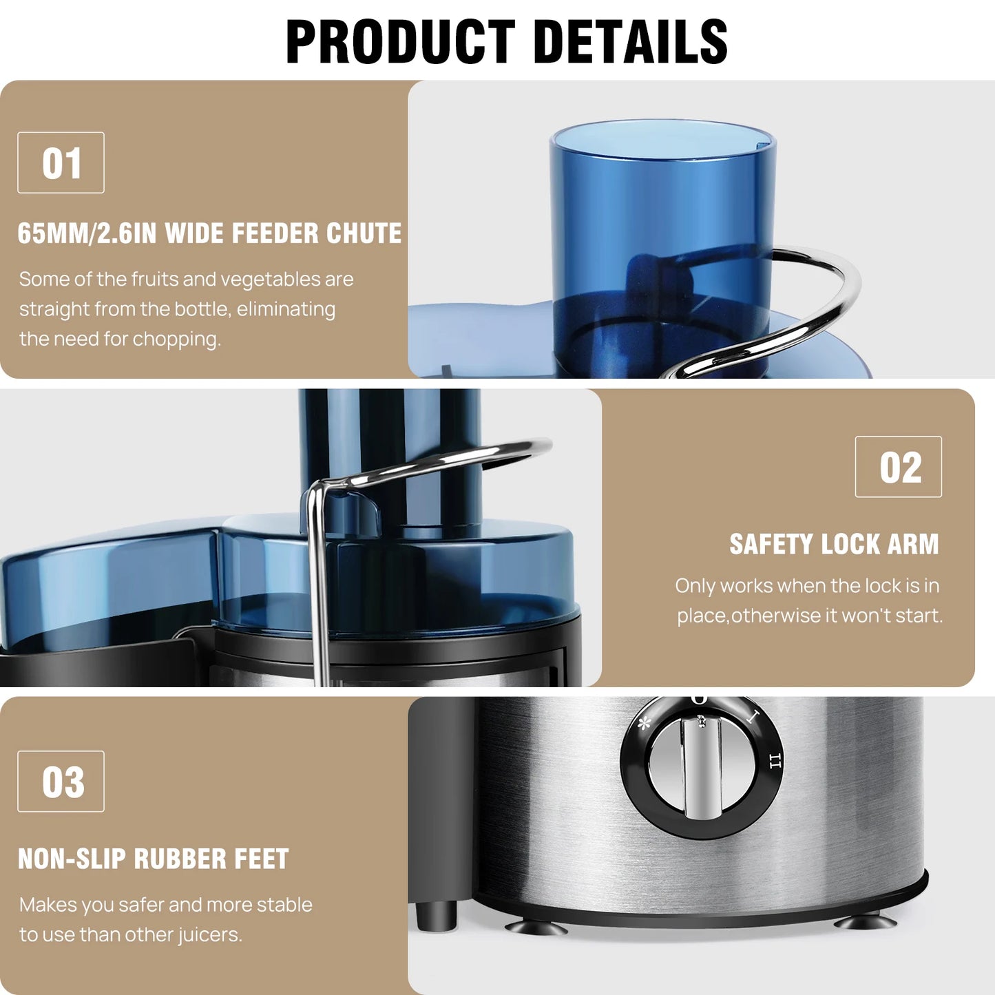 1000W Juicer Machine Whole Fruit and Vegetable Juice Extractor Stainless Steel, 500ML Capacity, 2 Speeds Adjustable