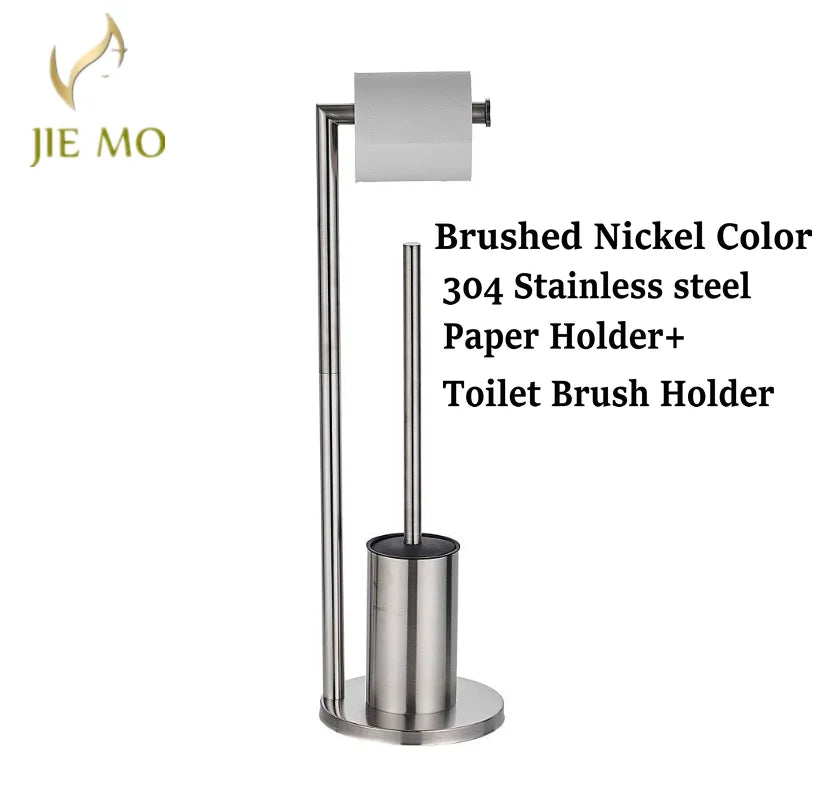 Floor-to-Ceiling Toilet Brush Holder with Toilet Paper Holder Stainless Steel Standing Paper Towel Holder