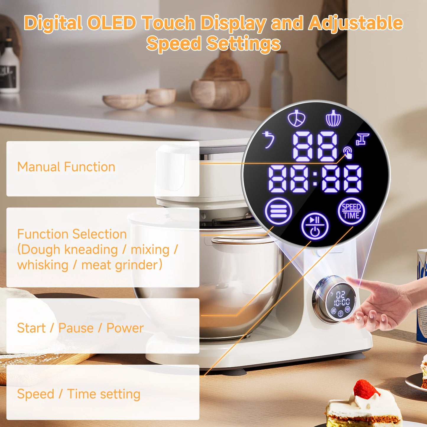 BioloMix 7L Stand Mixer for Baking 1200W DC Motor with Dough Hook Whisk Beater Meat Grinder Attachment - Food Mixer