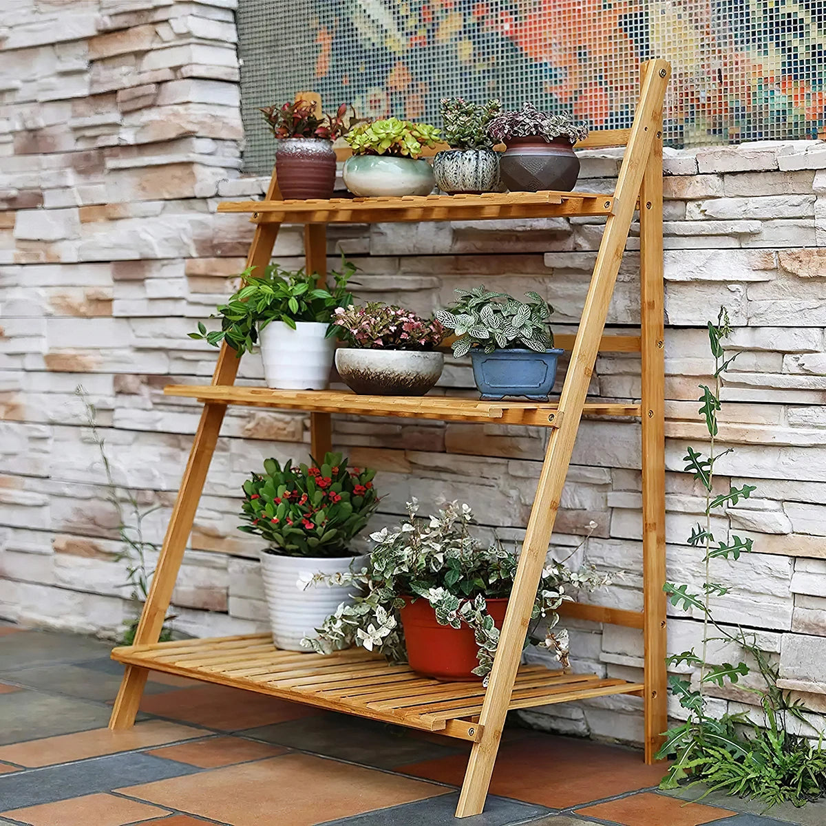 Foldable 3-layer flower pot rack balcony garden plant display wooden ladder rack indoor and outdoor