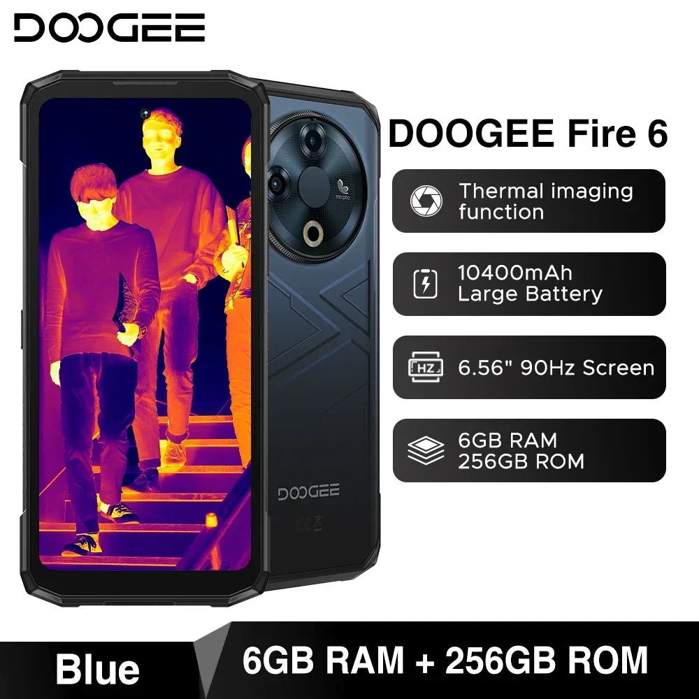 DOOGEE Fire 6 Rugged Phone Thermal Imaging 10400mAh Large Battery 6.56" 16GB(6+10) 256GB 50MP AI Main Camera Mobile Phone