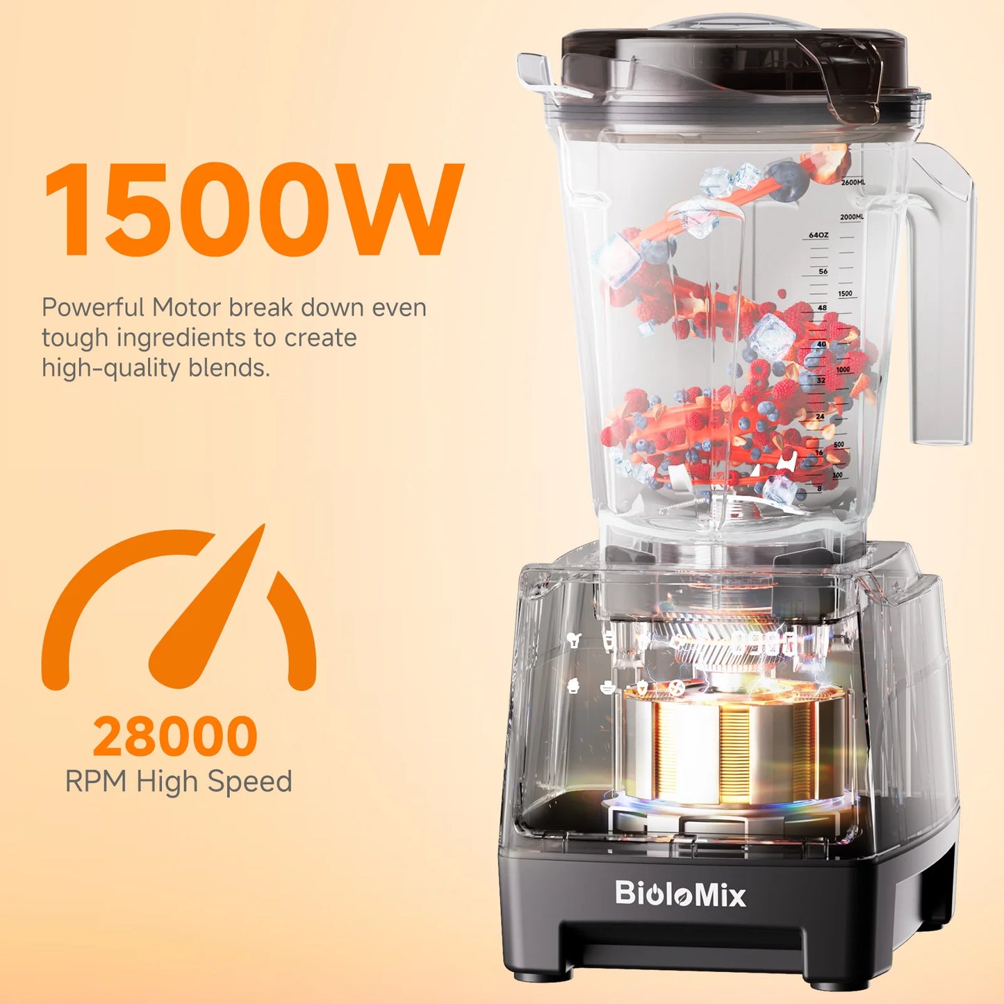 BioloMix 1500W Professional Blender, 2.6L BPA-Free Jar With 6 Blade, 7 Program Settings for Smoothies Shakes Nut Milk