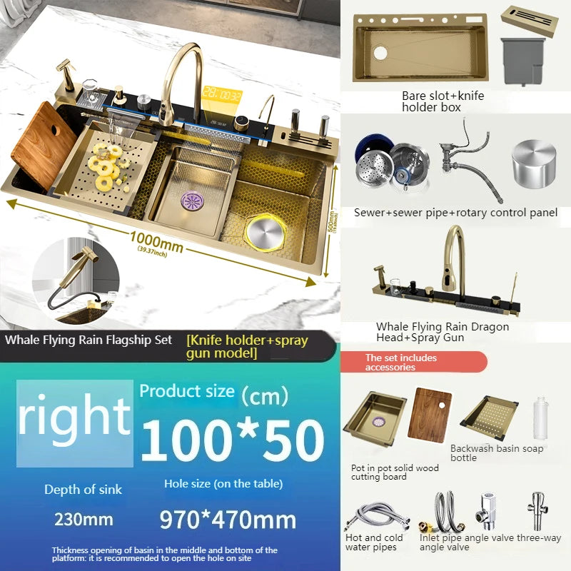 Golden Stainless Steel Kitchen Sink Waterfall Outlet Large Single Sink Digital Display Dishwashing and Vegetable Sinks