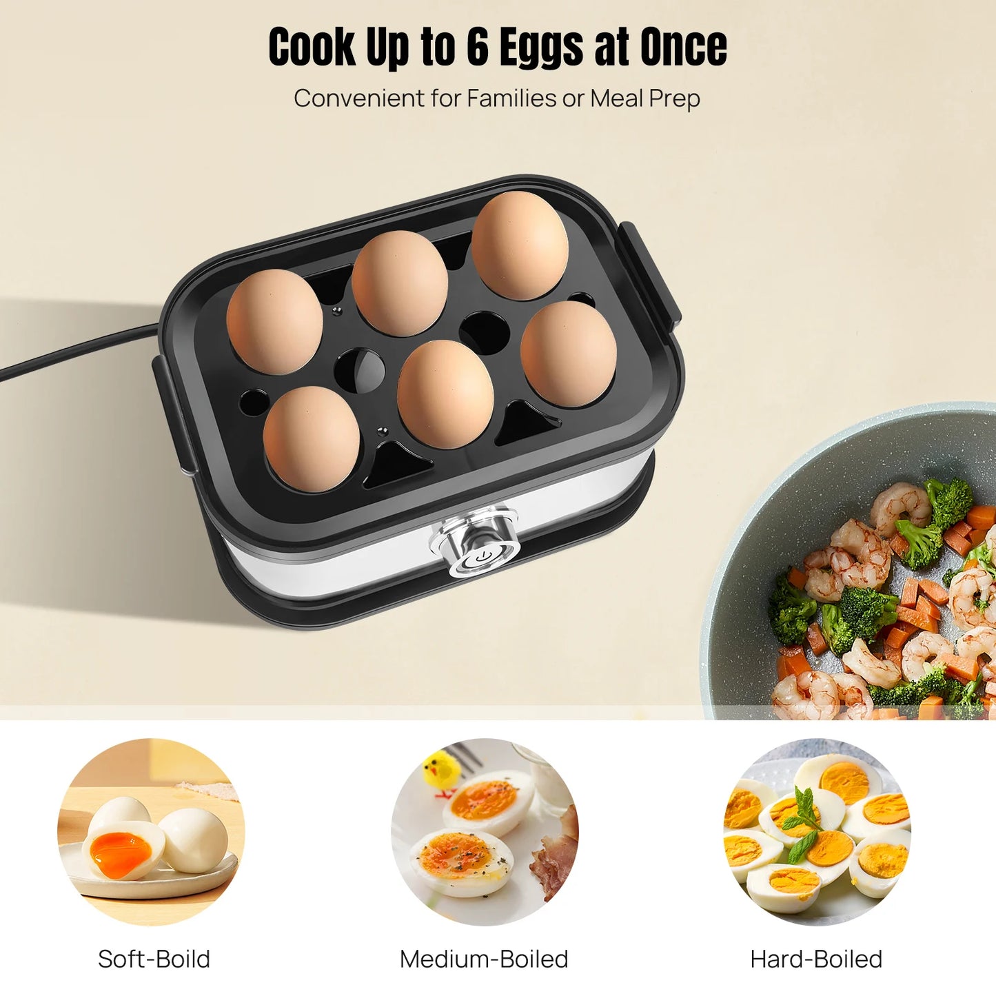 Egg Cooker Boiler, 350W Quick Boiling Electric Egg Poacher, Removable Tray, 6 Capacity Kitchen Stainless Steel Steamer