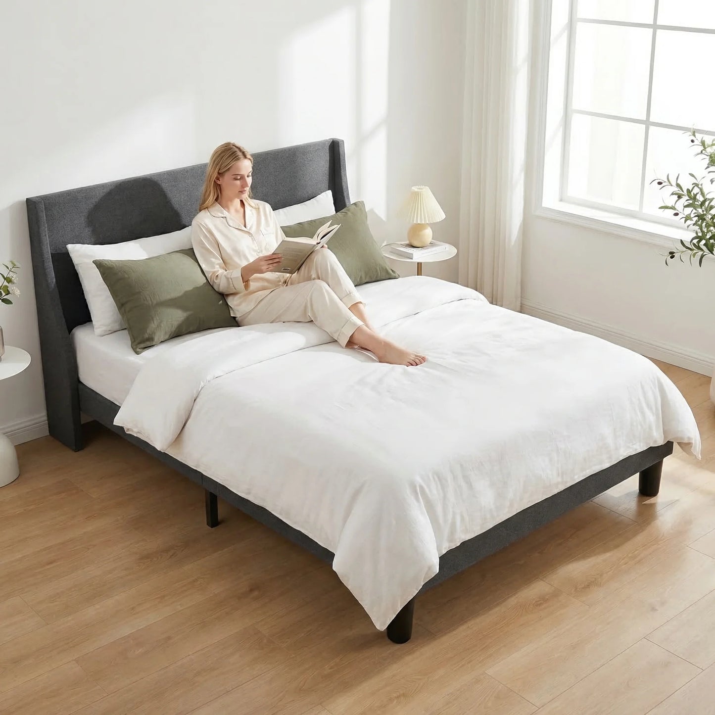 HAUSPROFI Double Bed Frame 135cm, Upholstered Bed with Winged Headboard, Wooden Slats Support, Easy Assembly, Modern Bed