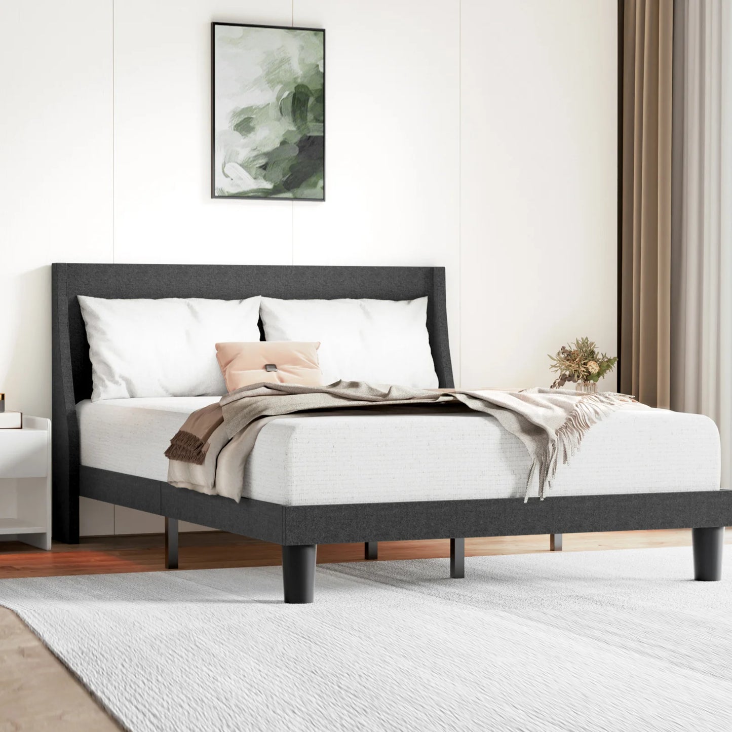 HAUSPROFI Double Bed Frame 135cm, Upholstered Bed with Winged Headboard, Wooden Slats Support, Easy Assembly, Modern Bed
