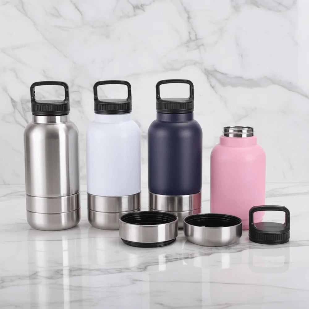 3 in 1 Stainless Steel Pet Water Bottle Multi-layered 32Oz Dog Feeding Bottle Detachable Large Capacity Dog Drinking Bottle